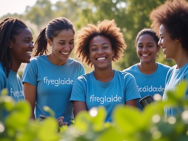 Fyreglaide team members volunteering together at a local community garden project, wearing branded t-shirts.
