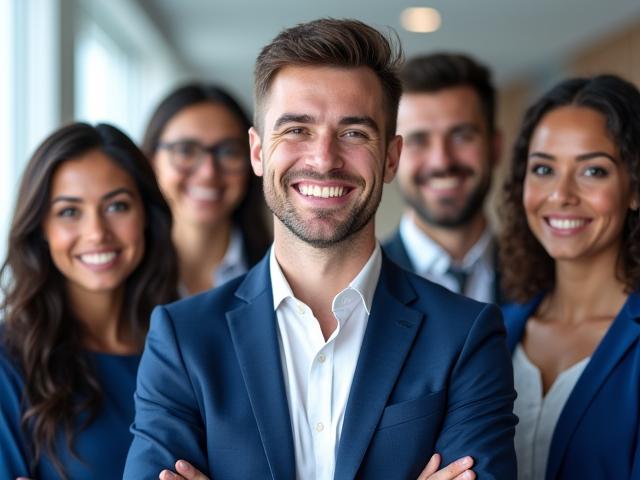 A diverse team of professional Fyreglaide real estate advisors smiling confidently in a modern, brightly lit office lobby.