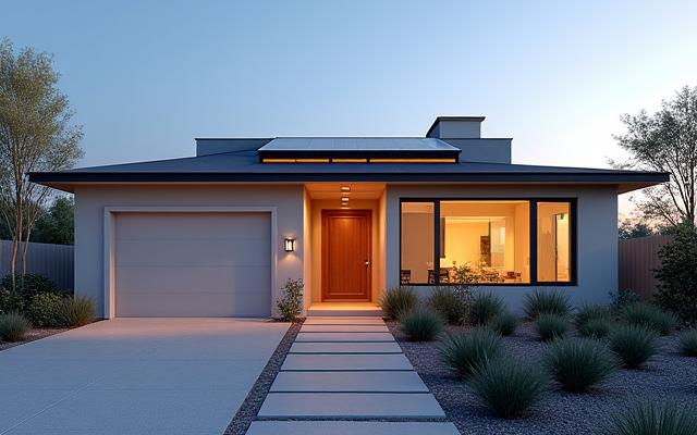 Contemporary LEED Silver certified home with xeriscaping and solar carport.