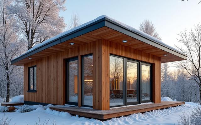 A sleek, airtight Passive House with thick insulation and minimal windows facing north.