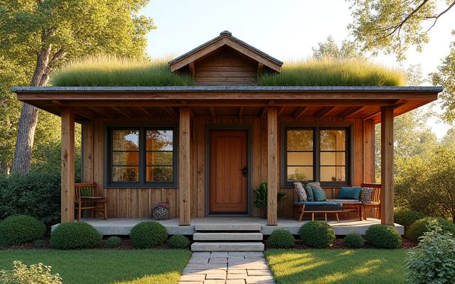 A charming earth-friendly bungalow constructed with reclaimed wood beams and a living green roof.