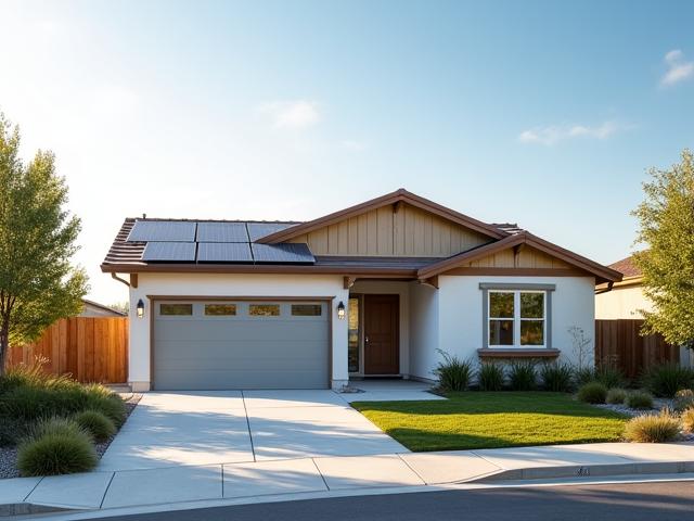 Modern sustainable home featuring solar panels on the roof, large energy-efficient windows, and native landscaping in the foreground.