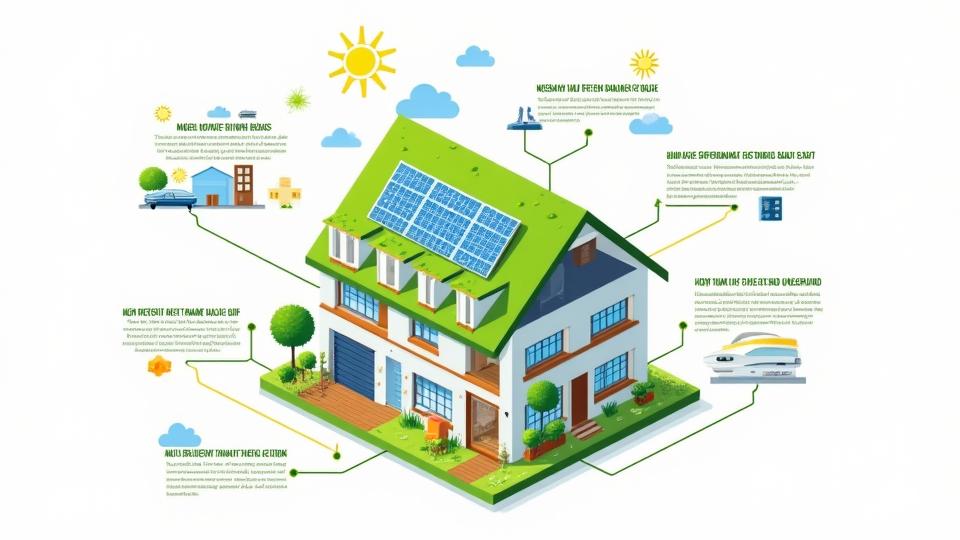 Illustrated diagram of a sustainable house showing features like solar panels, green roof, geothermal heat pump, rainwater collection, and triple-pane windows.