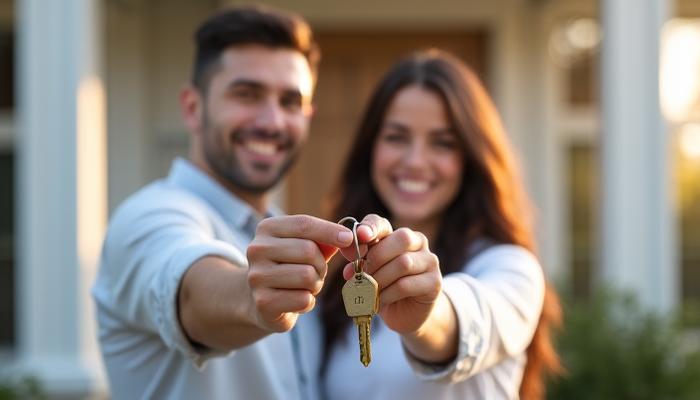 Diverse young couple standing confidently in front of their new home, holding a house key, symbolizing a successful first purchase guided by Fyreglaide LLC.