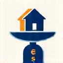 Iconographic image of a house on a scale, representing budget balance.