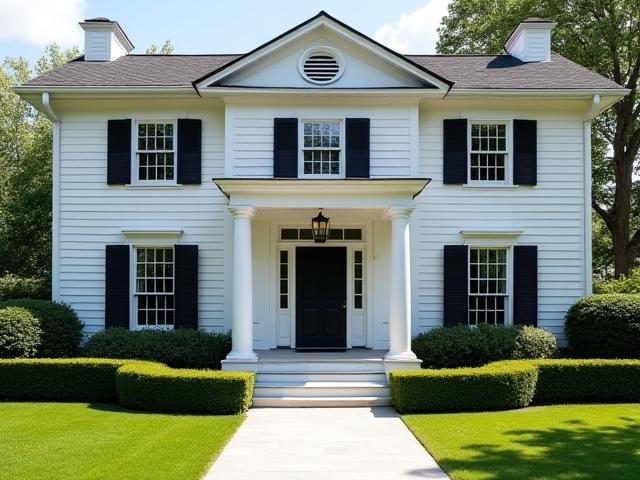Symmetrical facade of a Colonial Revival home with a central door and large columns.