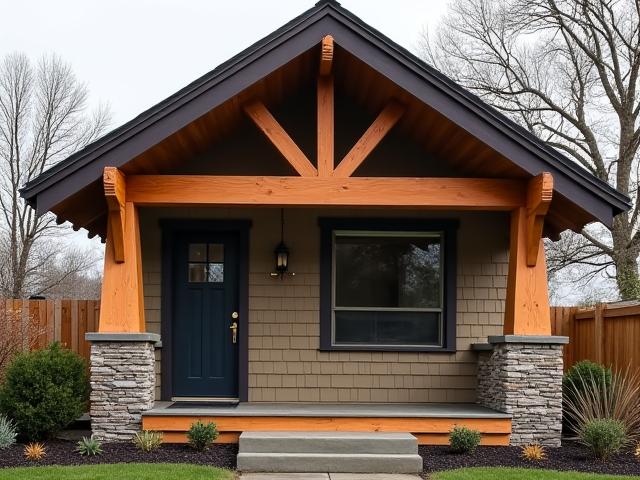 Low-pitched roofline and exposed rafter tails of a charming Craftsman Bungalow.