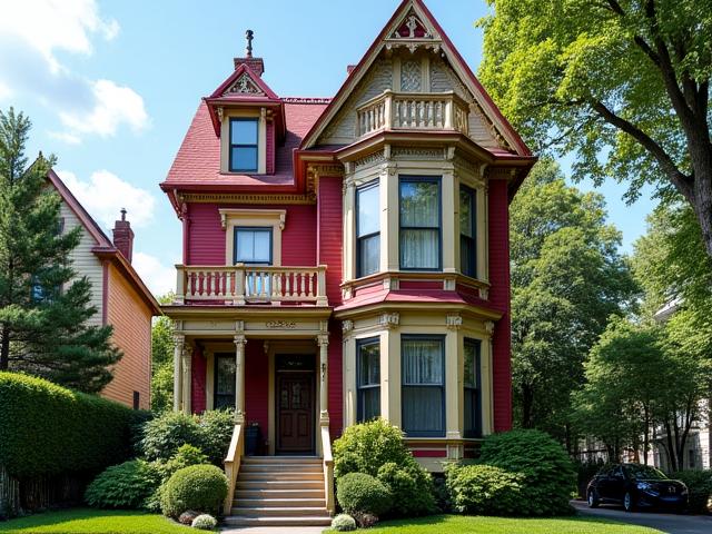 Ornate turret and wraparound porch of a colorful Victorian home.