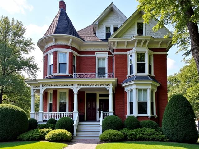 Detailed exterior photo of a well-maintained, red brick Queen Anne Victorian home with a decorative fence.