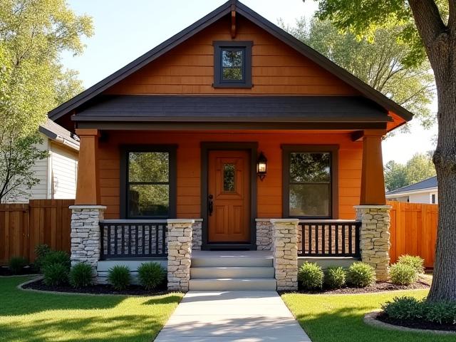 Front view of a warm Craftsman Bungalow home with stone accents and a peaceful porch.