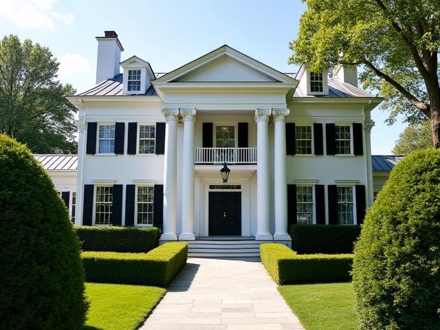 Elegant, symmetrical Colonial Revival home with white columns and manicured boxwood hedges.