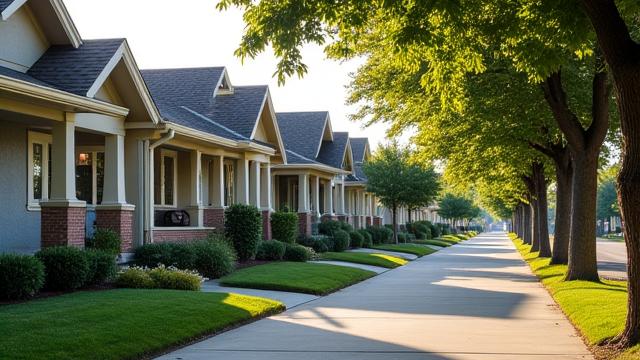 Quiet residential street featuring several uniform Craftsman Bungalows with deep, shaded front porches.