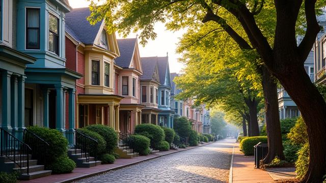 Cobblestone street lined with meticulously kept Queen Anne style homes in the Victorian Village district.