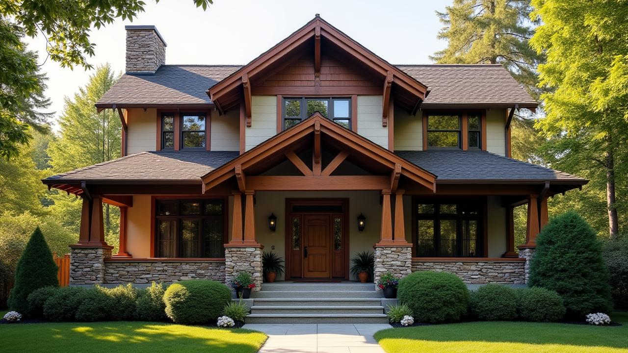 Stunning facade of a well-preserved historic Craftsman style home with exposed rafters and a large front porch bathed in soft morning light.