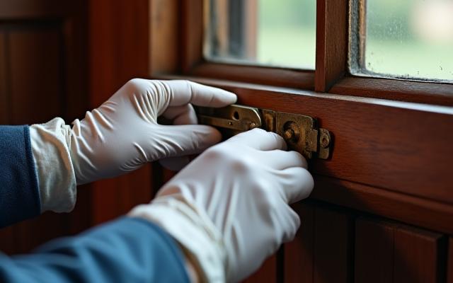 A preservation architect or specialized inspector examining antique window hardware on a historic home with a meticulous focus.