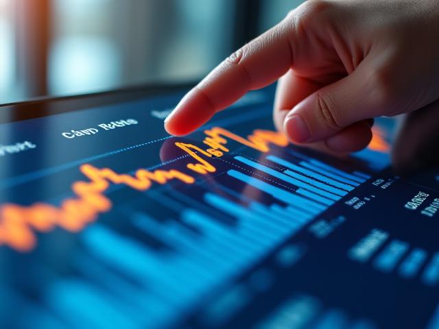 Close up photograph of a financial chart projected onto a screen with a sophisticated hand pointing to a growth line, representing investment analysis