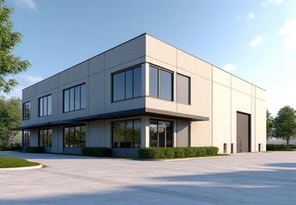Exterior of a modern flex space building with both office windows and roll-up doors