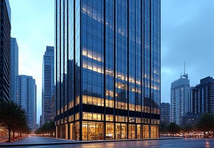 Modern, glass facade Class A office building against a blue sky
