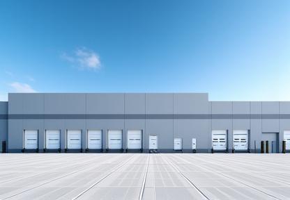 Exterior view of a large, modern logistics warehouse with multiple loading docks