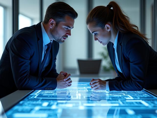 Modern workspace with a professional team collaborating over blueprints, symbolizing negotiation and strategic site selection