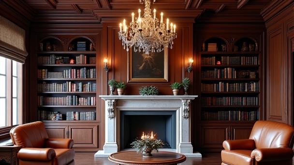 Interior of a historic manor library or study with dark wood paneling and massive fireplace.