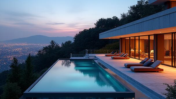 Exterior of a modern, geometric villa with infinity pool overlooking city lights.