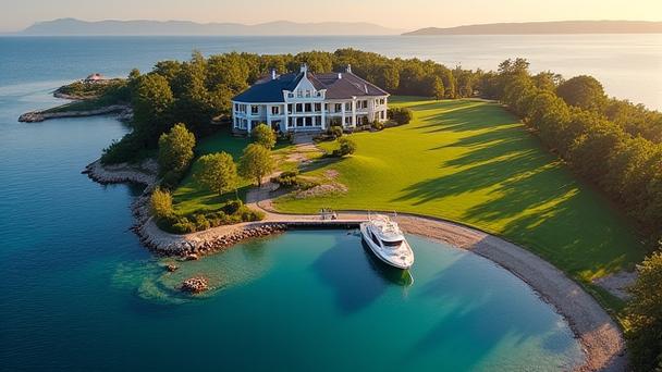 A large, coastal waterfront estate with private dock and manicured lawns.