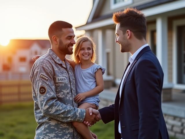 A smiling military family receiving keys to their new home from a professional real estate agent.