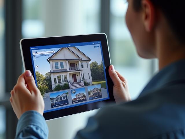 A real estate agent pointing to housing options on a tablet screen, talking to a military service member in uniform, symbolizing remote consultation.