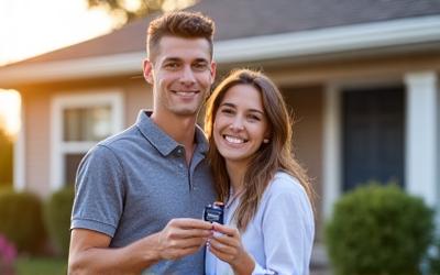 A young active duty Air Force family standing in front of their new suburban home.