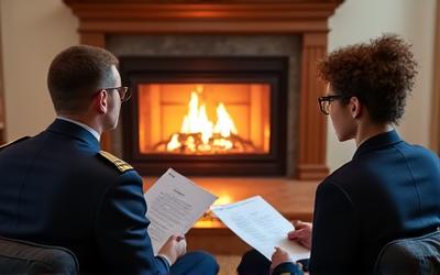 A Navy officer and an Army officer smiling in high-quality professional attire, possibly in a living room.
