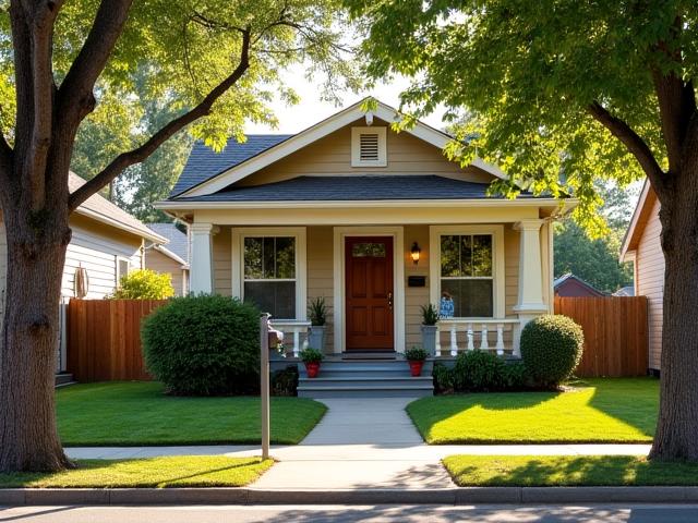 Quaint, tree-lined street in Riverside Heights featuring well-maintained craftsman bungalows and a family walking a dog.
