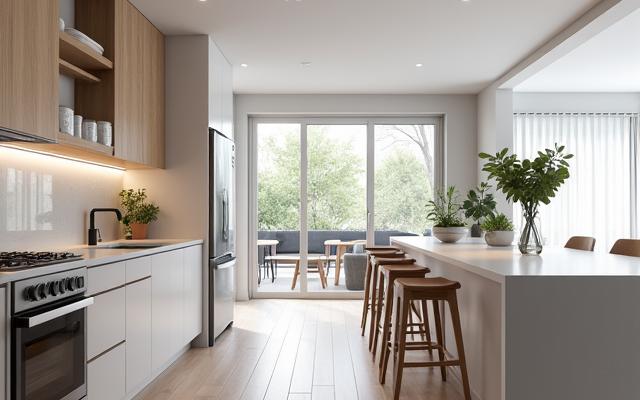 Interior view of a modern, single-level home with universal design features like wide hallways and accessible kitchen.