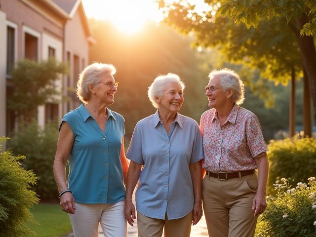 Diverse group of active, happy senior adults laughing and walking in a sunny, green retirement community setting.